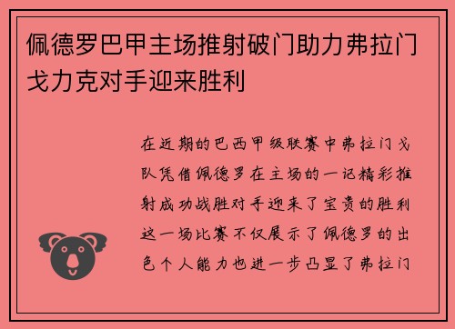 佩德罗巴甲主场推射破门助力弗拉门戈力克对手迎来胜利