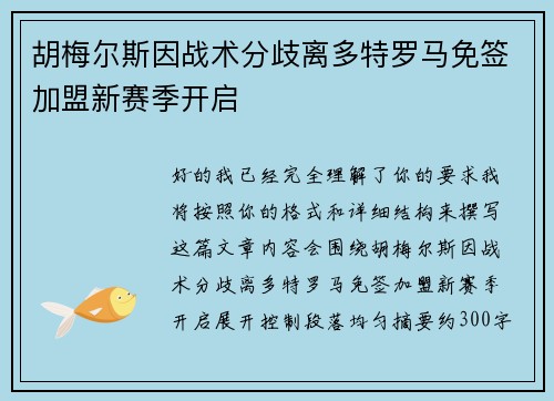胡梅尔斯因战术分歧离多特罗马免签加盟新赛季开启